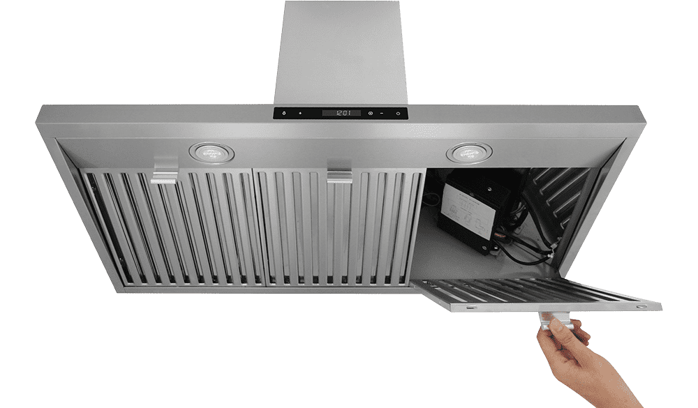 Stainless range hood with slide-out filter panel and visible interior