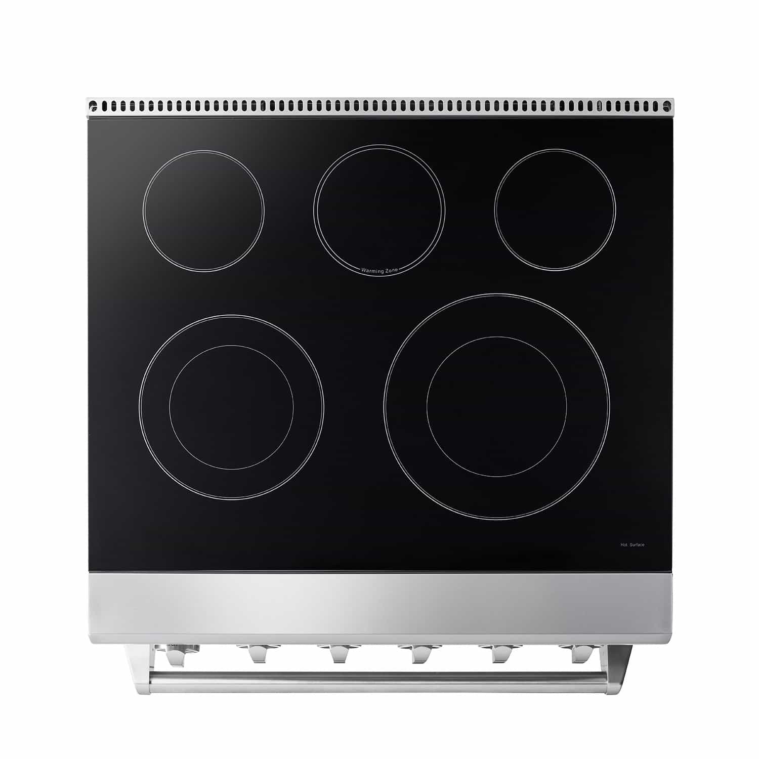 Stainless electric cooktop with five radiant heating circles on black glass