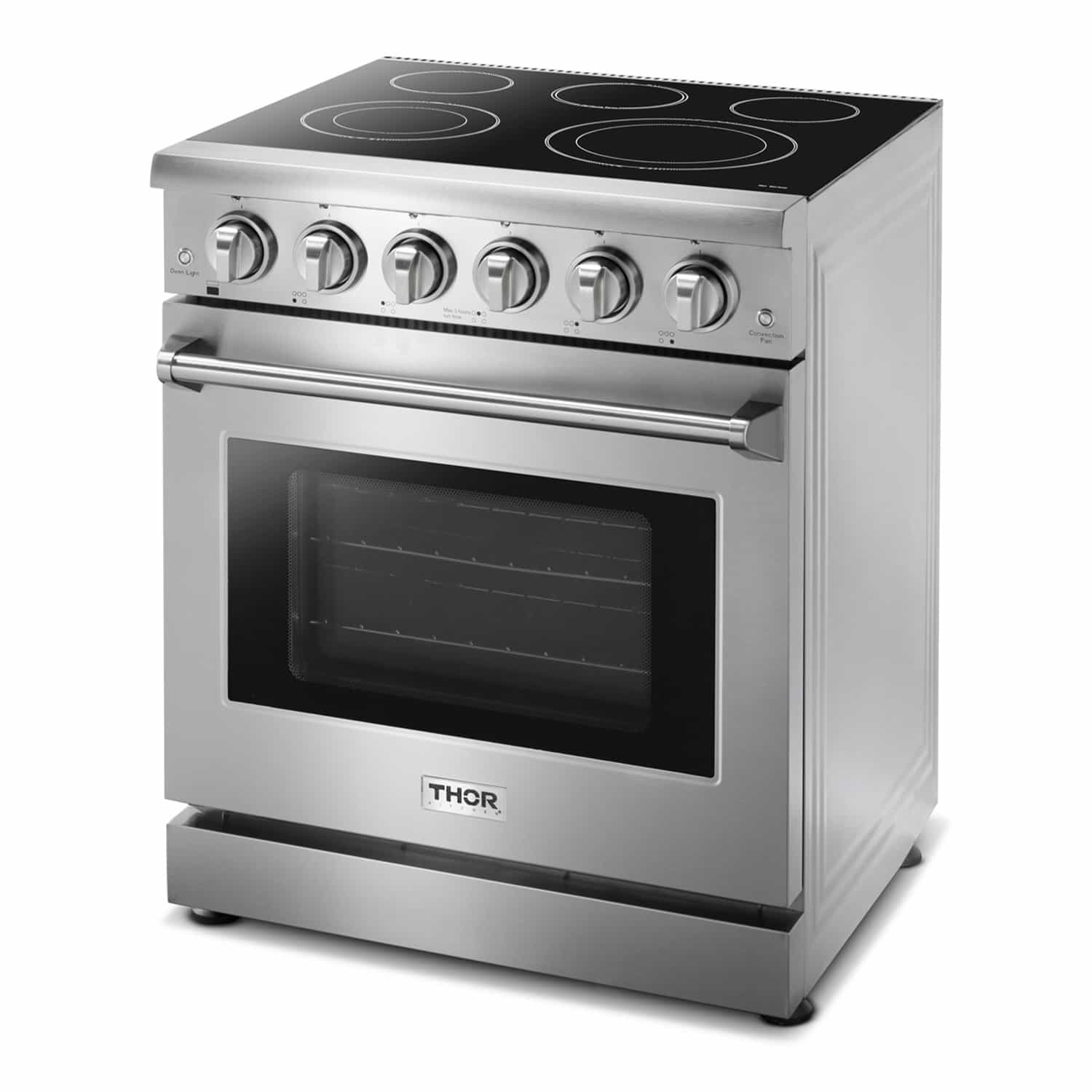 Stainless steel electric range with black ceramic glass cooktop and control knobs.