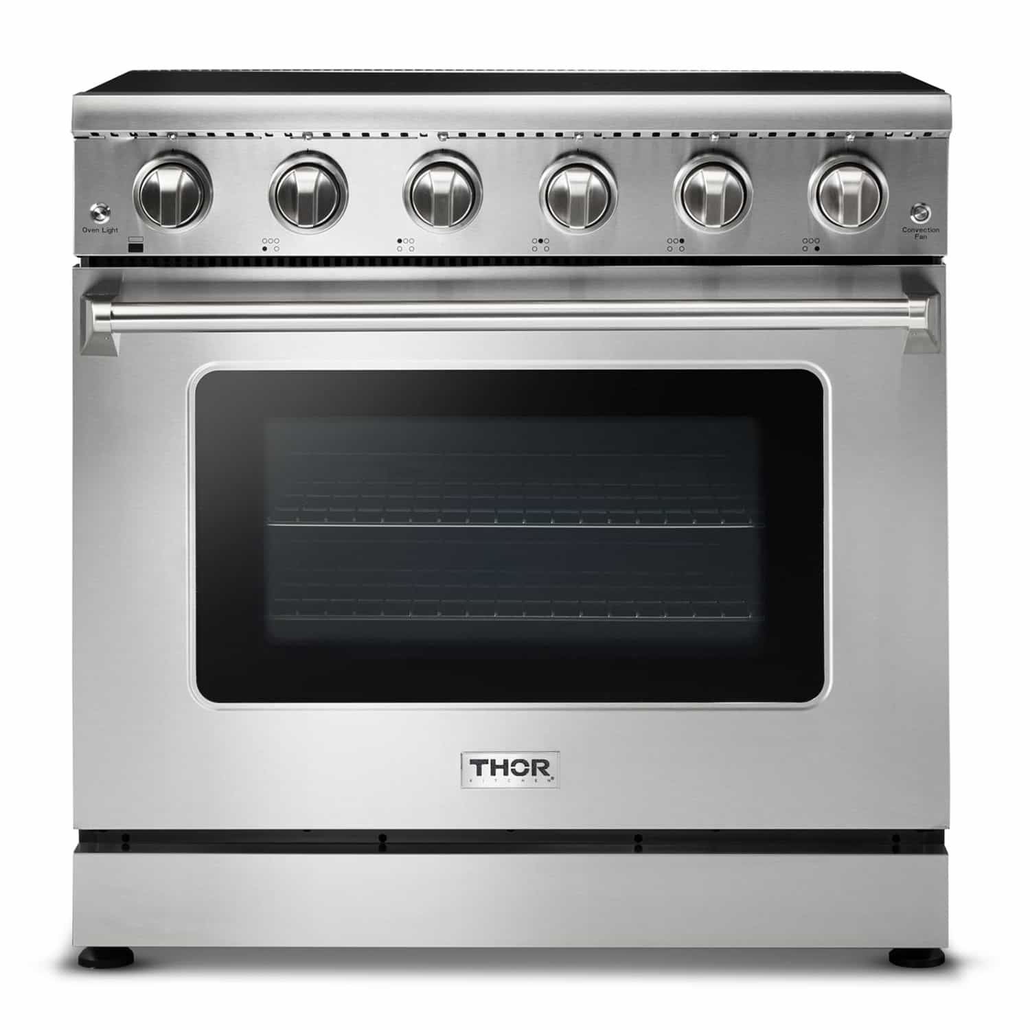 Stainless steel electric oven with control knobs and glass door