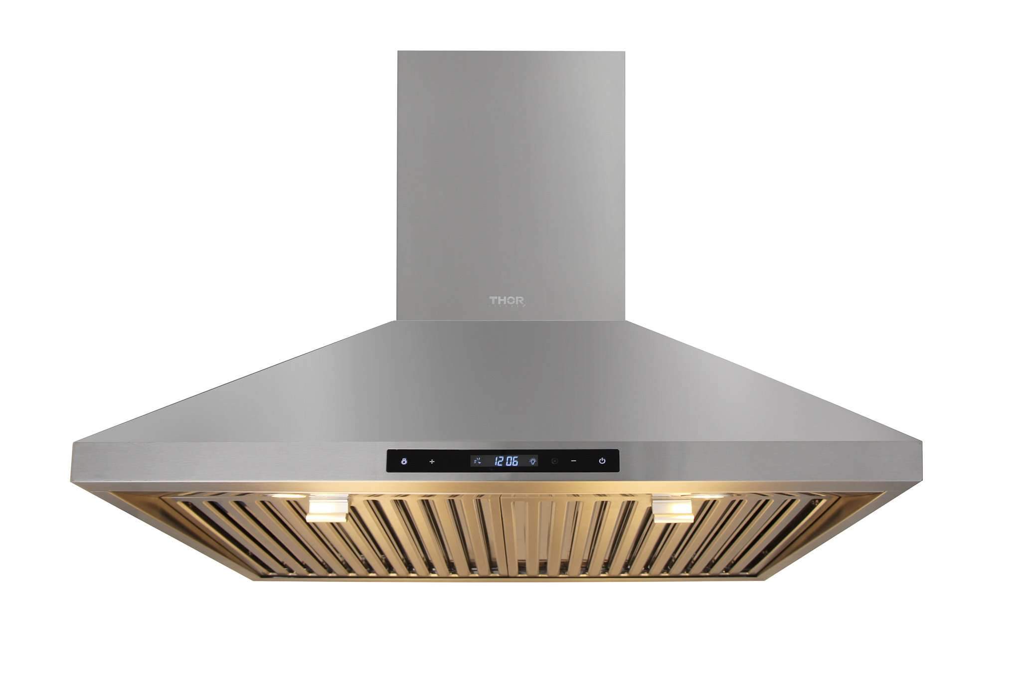Stainless steel chimney range hood with vented underside and control panel