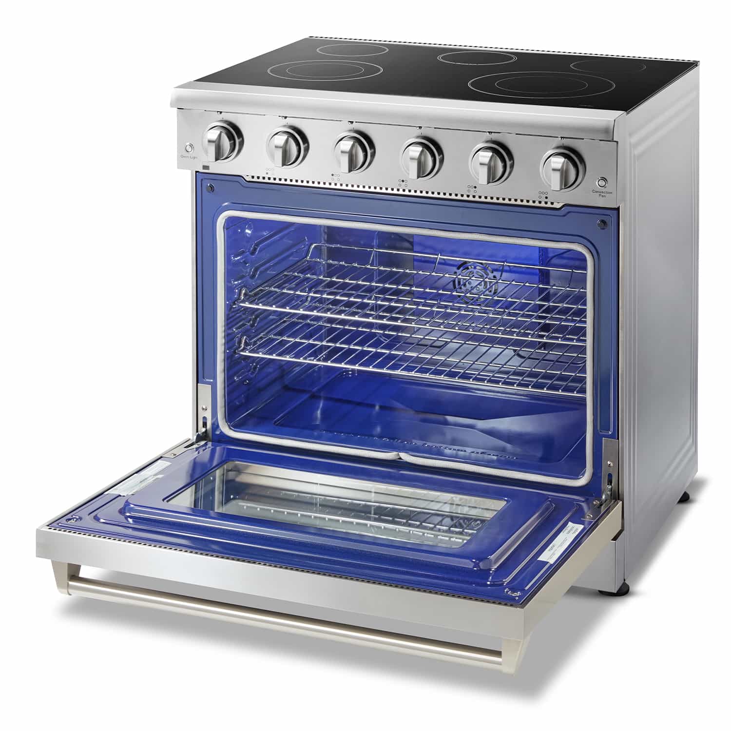 Stainless electric range with open oven and racks, blue interior