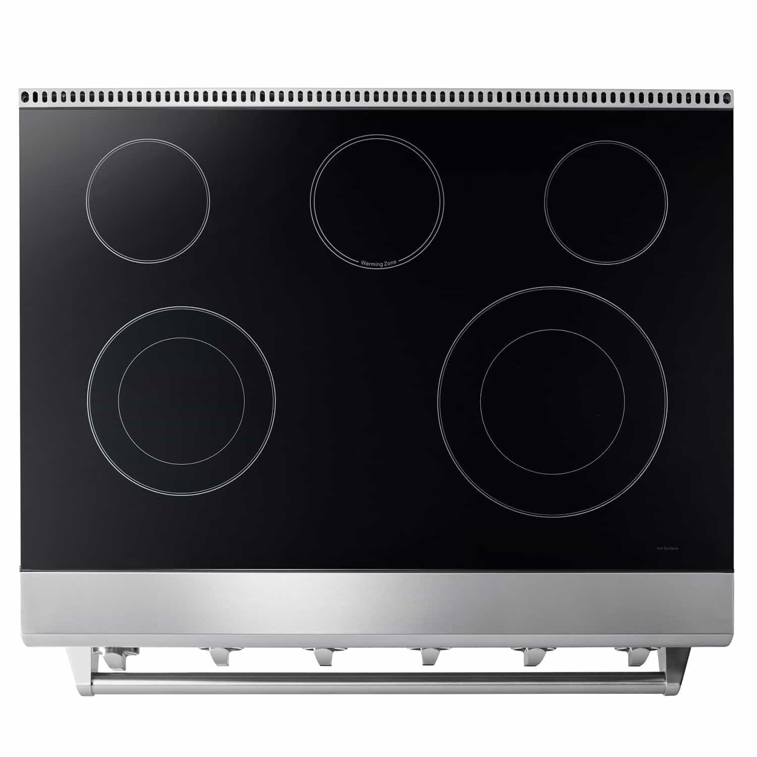 Black glass cooktop with five circular burner zones and control markings