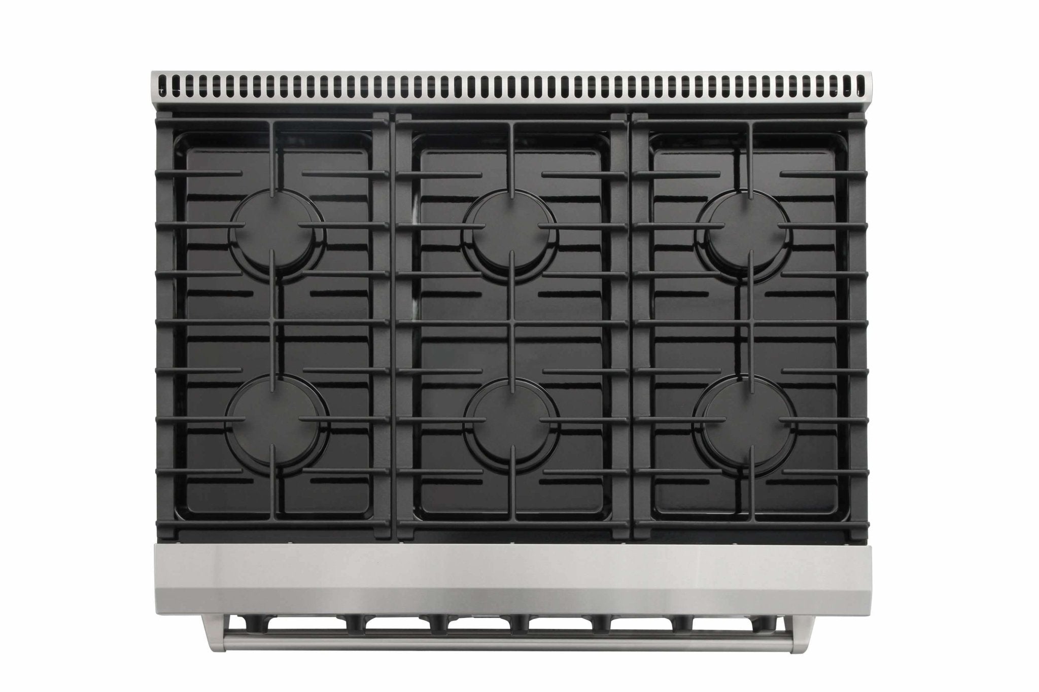 Black gas cooktop grates on a stainless range top