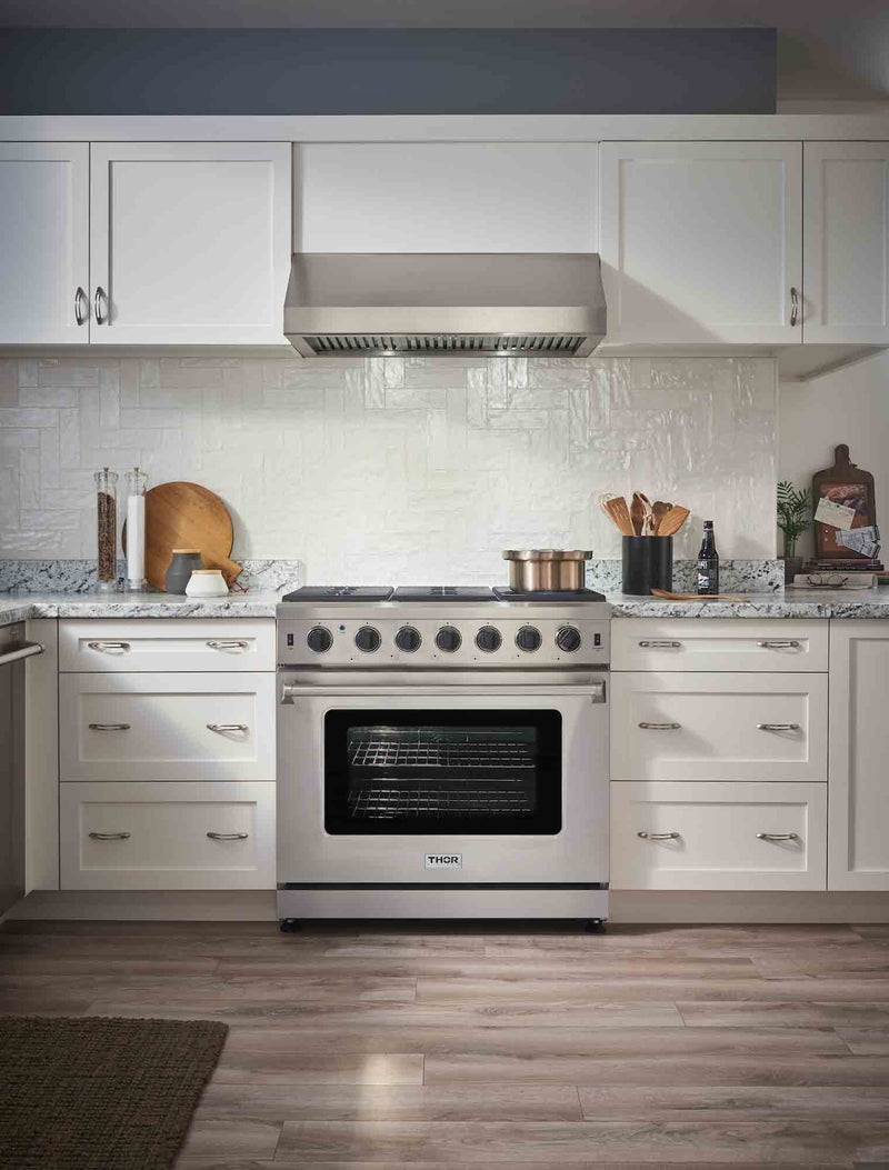 Thor Kitchen 4-Piece Appliance Package - 36" Gas Range, French Door Refrigerator, Under Cabinet Hood and Dishwasher in Stainless Steel Appliance Package Thor Kitchen 