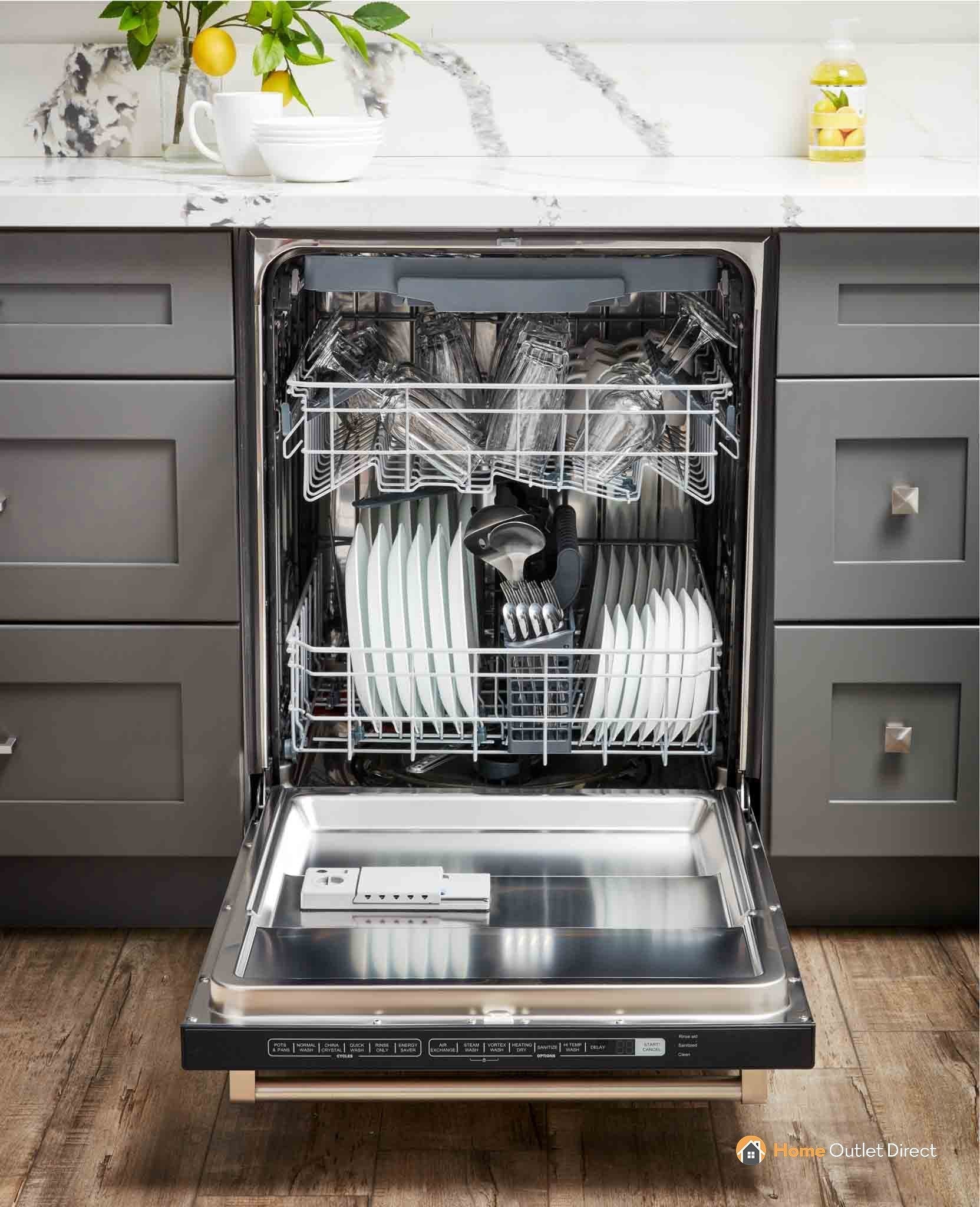 Built-in dishwasher with open door showing stacked racks and glassware