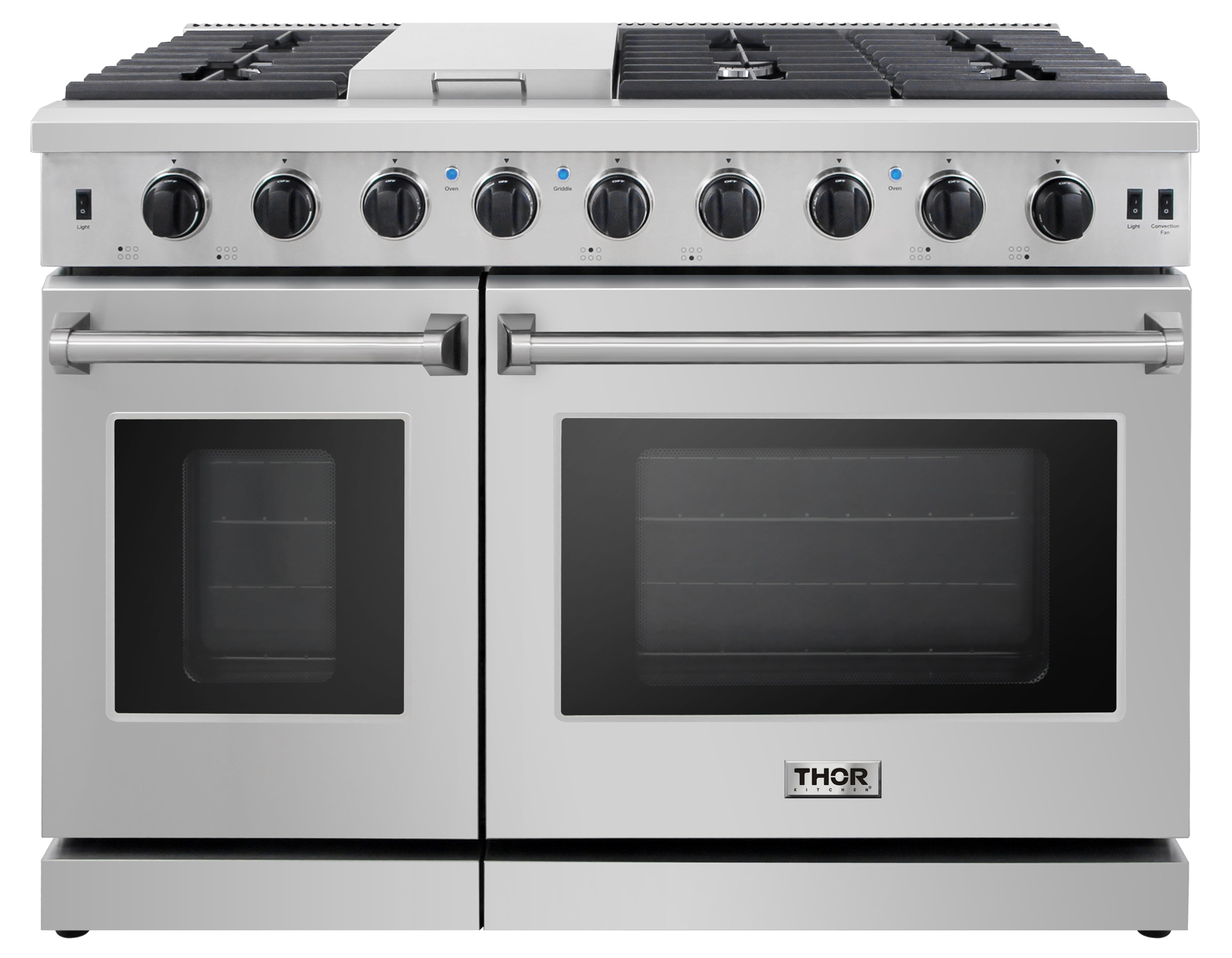 Stainless steel gas range front with control knobs and two glass oven doors