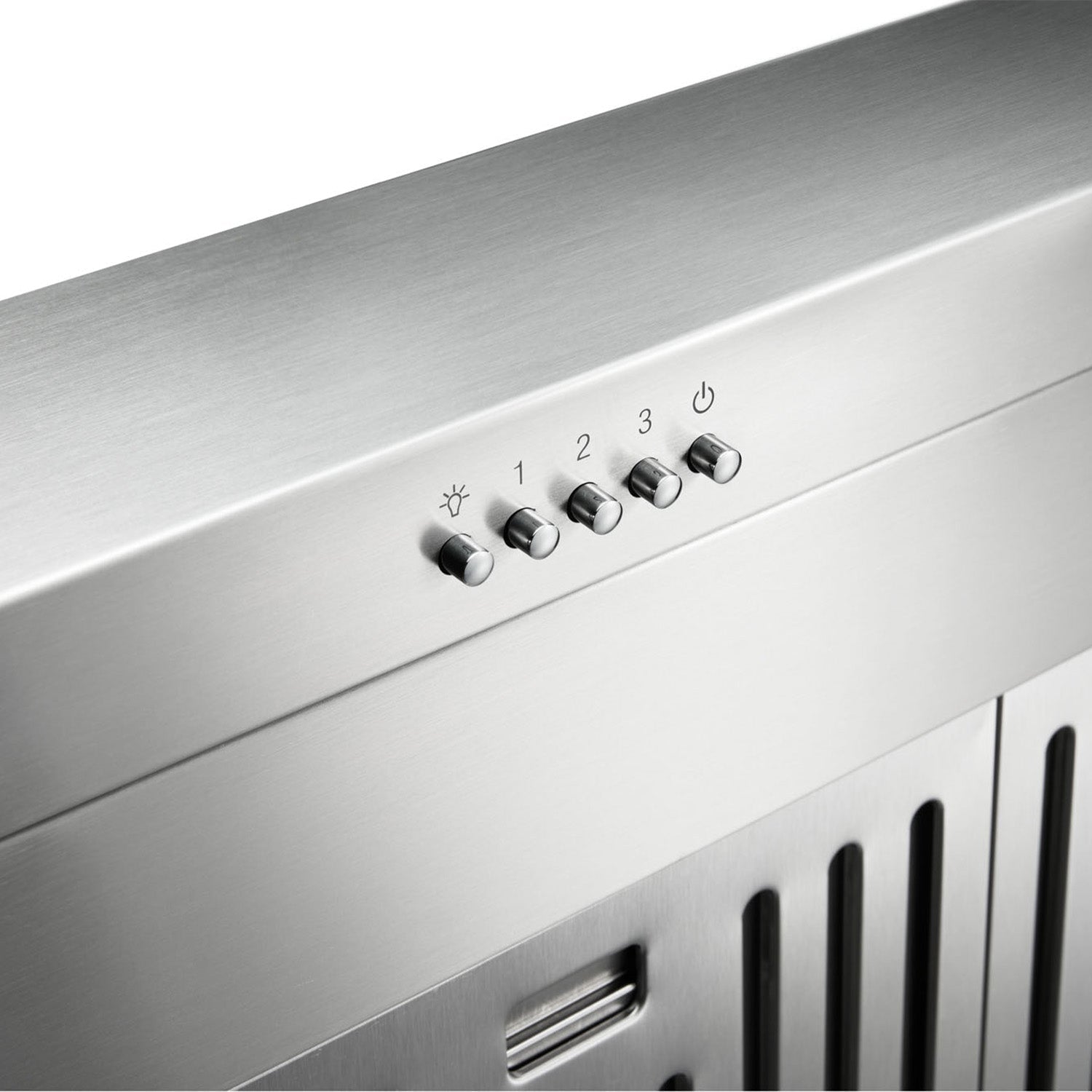 Stainless steel range control panel with four knob settings and power icon