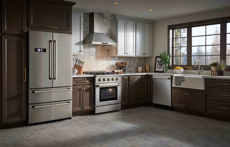 Thor Kitchen 4-Piece Pro Appliance Package - 30" Dual Fuel Range, French Door Refrigerator, Dishwasher, and Microwave Drawer in Stainless Steel Appliance Package Thor Kitchen 