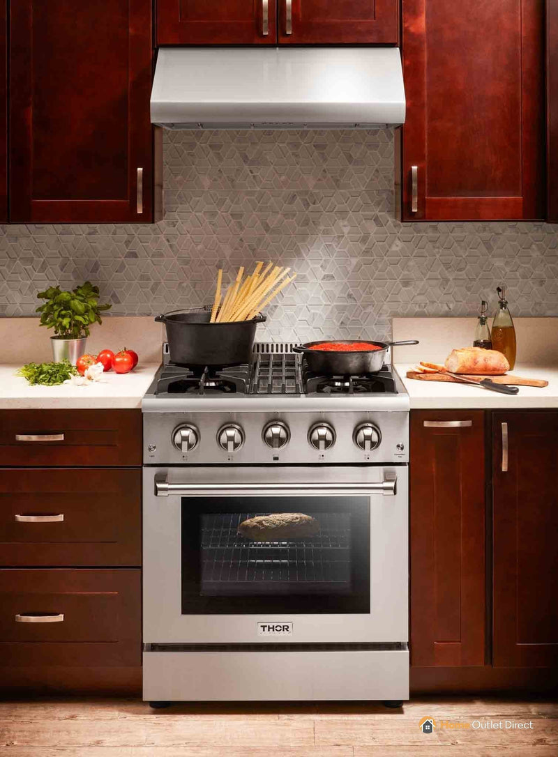 Thor Kitchen 4-Piece Pro Appliance Package - 30" Dual Fuel Range, French Door Refrigerator, Under Cabinet Hood and Dishwasher in Stainless Steel Appliance Package Thor Kitchen 