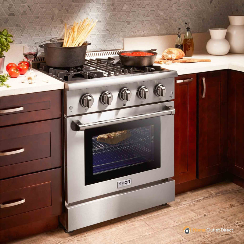 Thor Kitchen 4-Piece Pro Appliance Package - 30" Dual Fuel Range, French Door Refrigerator, Wall Mount Hood and Dishwasher in Stainless Steel Appliance Package Thor Kitchen 