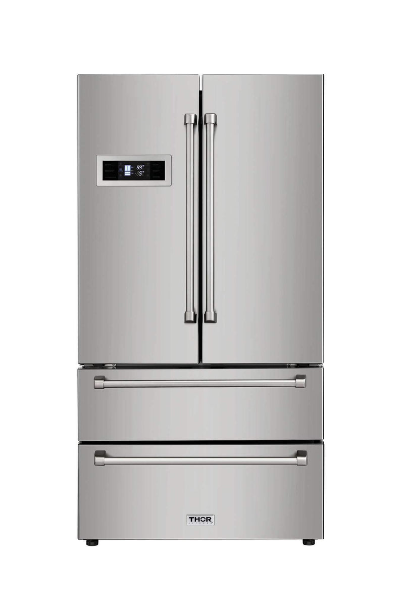 Thor Kitchen 4-Piece Pro Appliance Package - 30" Dual Fuel Range, French Door Refrigerator, Wall Mount Hood and Dishwasher in Stainless Steel Appliance Package Thor Kitchen 
