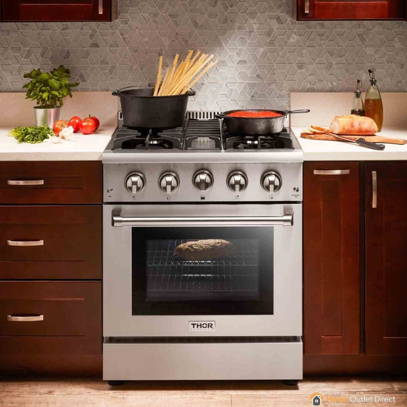 Thor Kitchen 4-Piece Pro Appliance Package - 30" Gas Range, French Door Refrigerator, Dishwasher, and Microwave Drawer in Stainless Steel Appliance Package Thor Kitchen 
