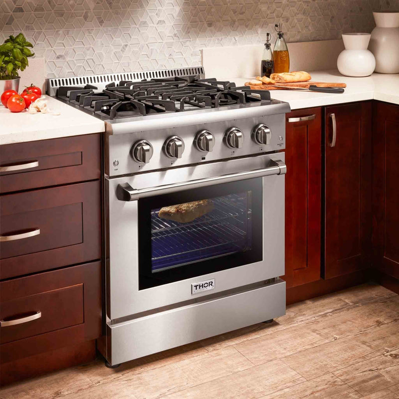 Thor Kitchen 4-Piece Pro Appliance Package - 30" Gas Range, French Door Refrigerator, Dishwasher, and Microwave Drawer in Stainless Steel Appliance Package Thor Kitchen 