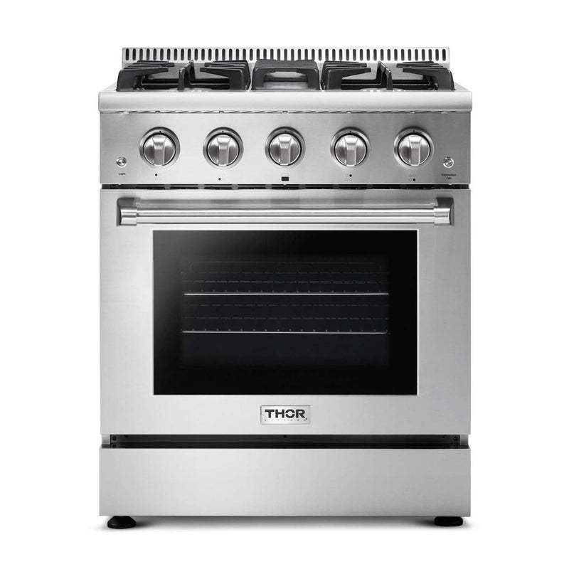 Thor Kitchen 4-Piece Pro Appliance Package - 30" Gas Range, French Door Refrigerator, Wall Mount Hood and Dishwasher in Stainless Steel Appliance Package Thor Kitchen 