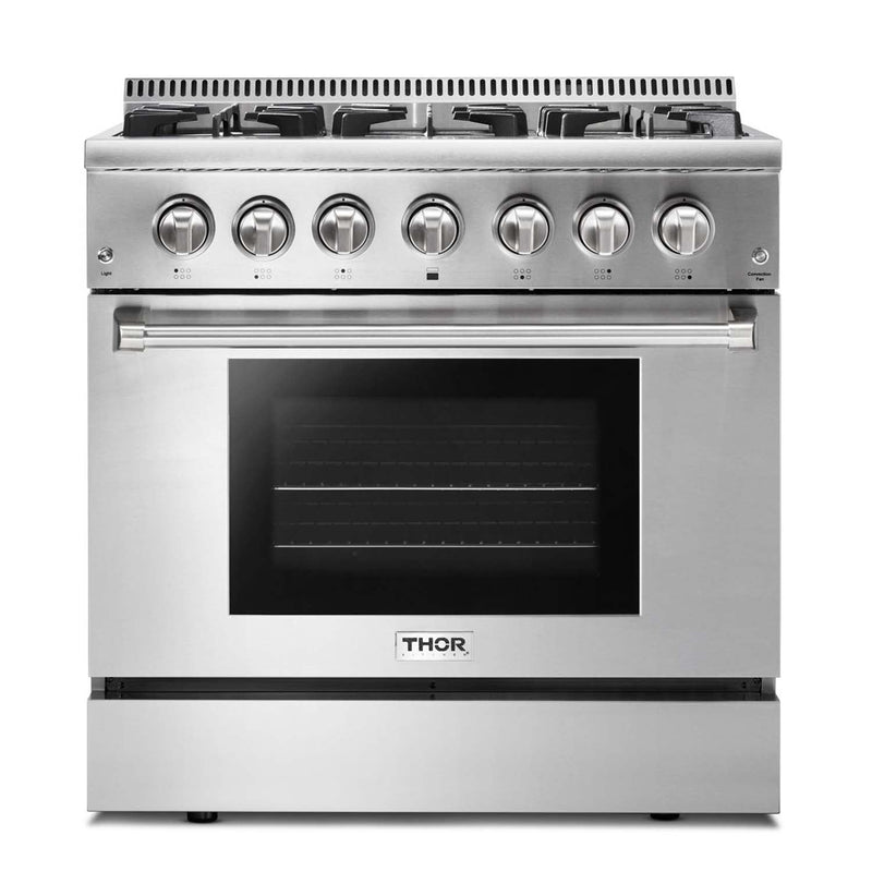 Thor Kitchen 4-Piece Pro Appliance Package - 36" Dual Fuel Range, French Door Refrigerator, Dishwasher, and Microwave Drawer in Stainless Steel Appliance Package Thor Kitchen 