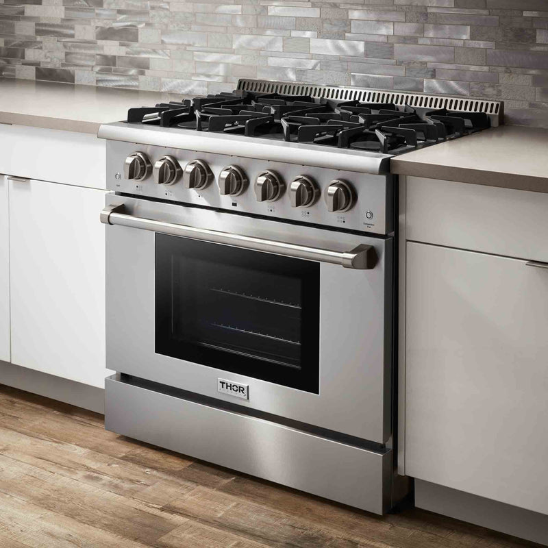 Thor Kitchen 4-Piece Pro Appliance Package - 36" Dual Fuel Range, French Door Refrigerator, Wall Mount Hood and Dishwasher in Stainless Steel Appliance Package Thor Kitchen 