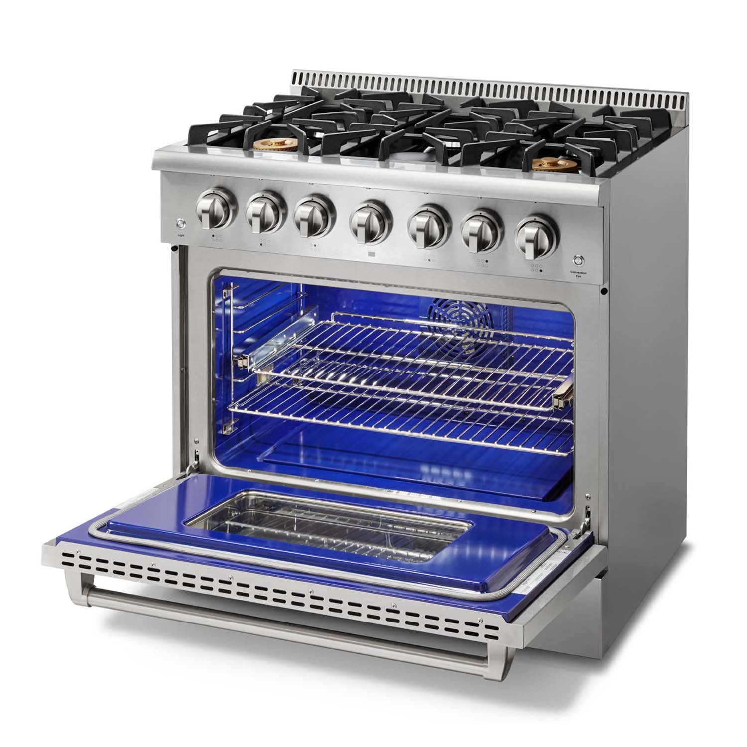 Stainless steel gas range with open oven, blue interior light and wire rack shelves.