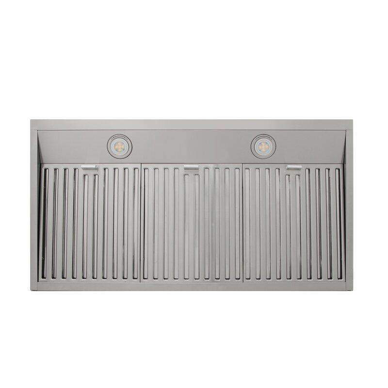 Stainless steel range hood vent with decorative grille and two round controls