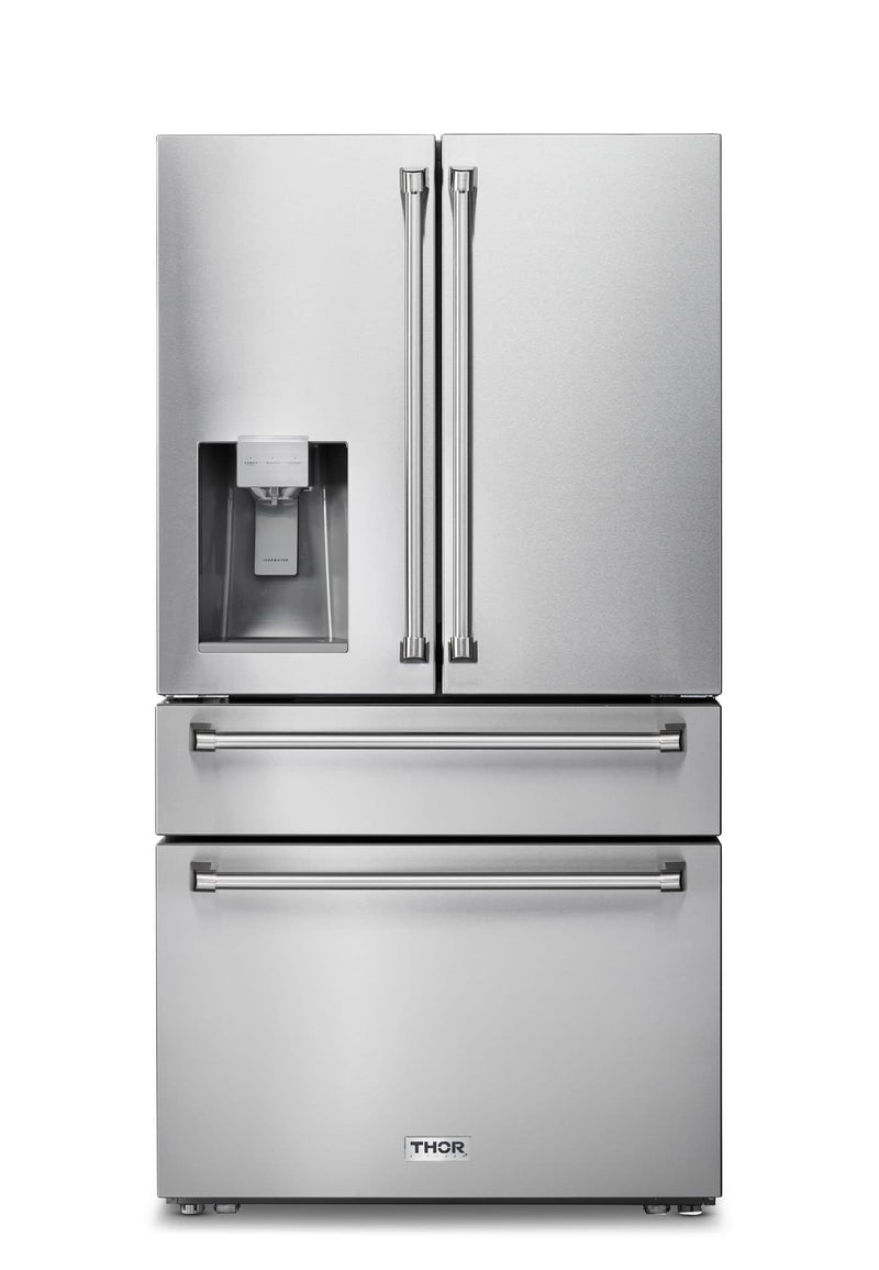 Thor Kitchen 4-Piece Pro Appliance Package - 36" Rangetop, Wall Oven, Refrigerator with Water Dispenser, & Dishwasher in Stainless Steel Appliance Package Thor Kitchen 