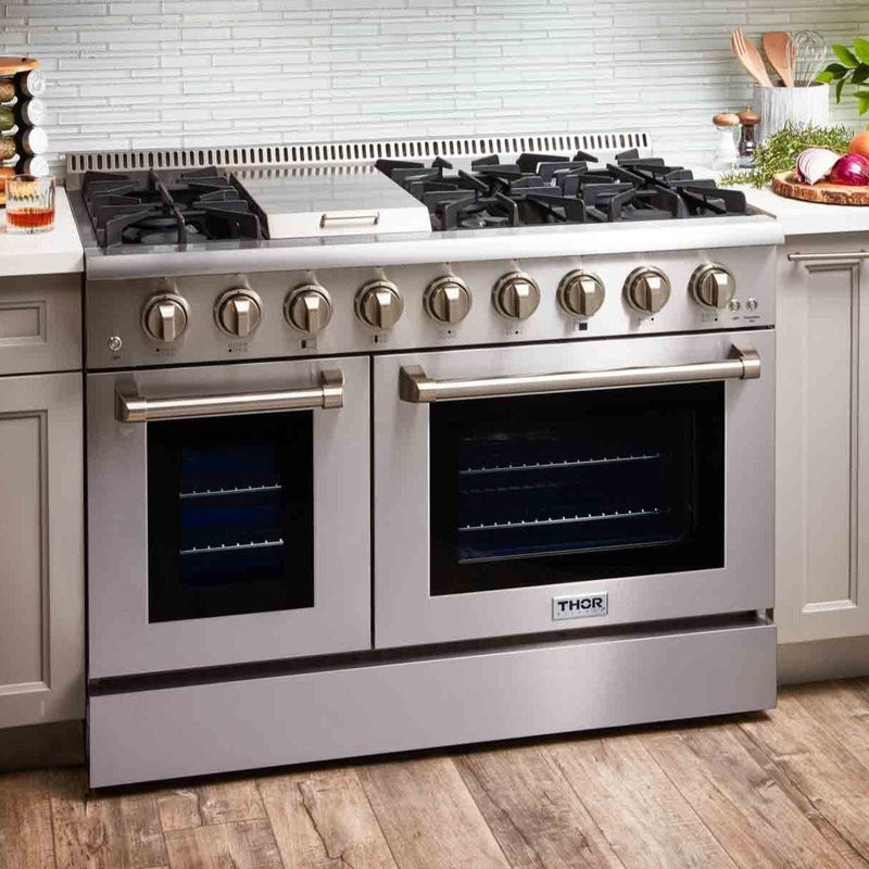 Thor Kitchen 4-Piece Pro Appliance Package - 48" Dual Fuel Range, French Door Refrigerator, and Dishwasher in Stainless Steel Appliance Package Thor Kitchen 