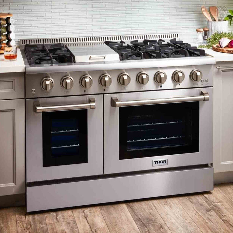 Thor Kitchen 4-Piece Pro Appliance Package - 48" Gas Range, French Door Refrigerator, Dishwasher, and Microwave Drawer in Stainless Steel Appliance Package Thor Kitchen 