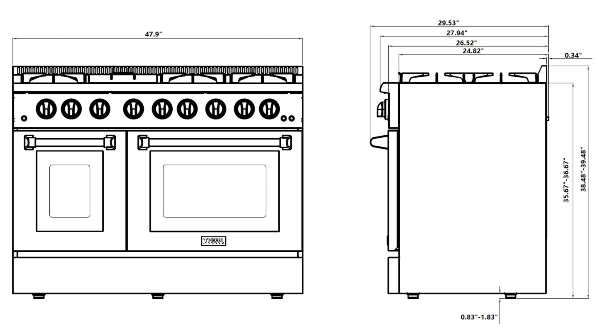 Dual fuel range dimensions diagram with top burner layout and side outline