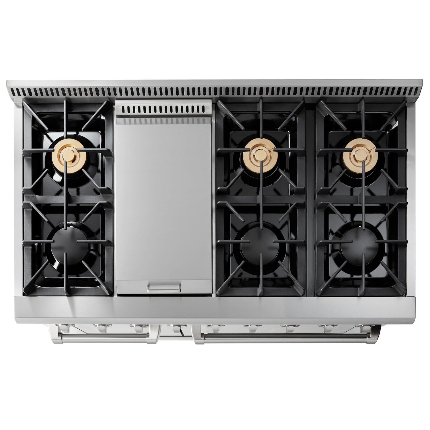 Bottom view of stainless gas range with four burner grates and open griddle area