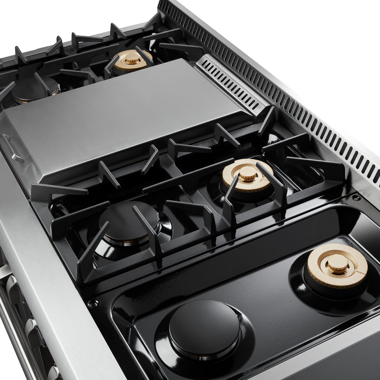 Close-up of stainless gas cooktop with black grates, four burners, and control area