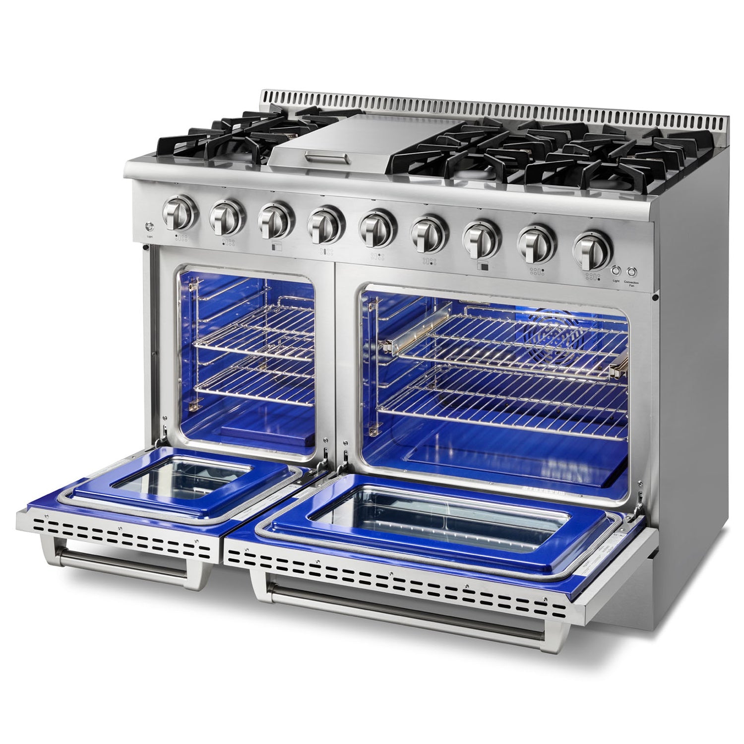 Stainless steel double-oven gas range with two open oven doors and blue interiors