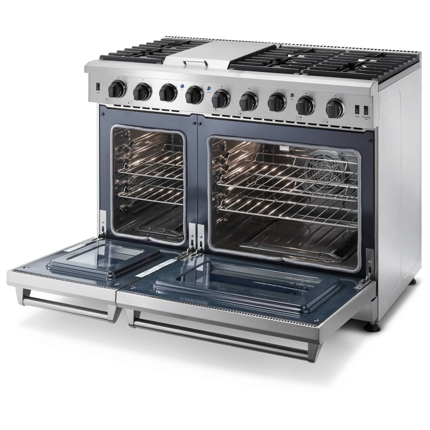 Stainless steel double oven gas range with both oven doors open and racks visible