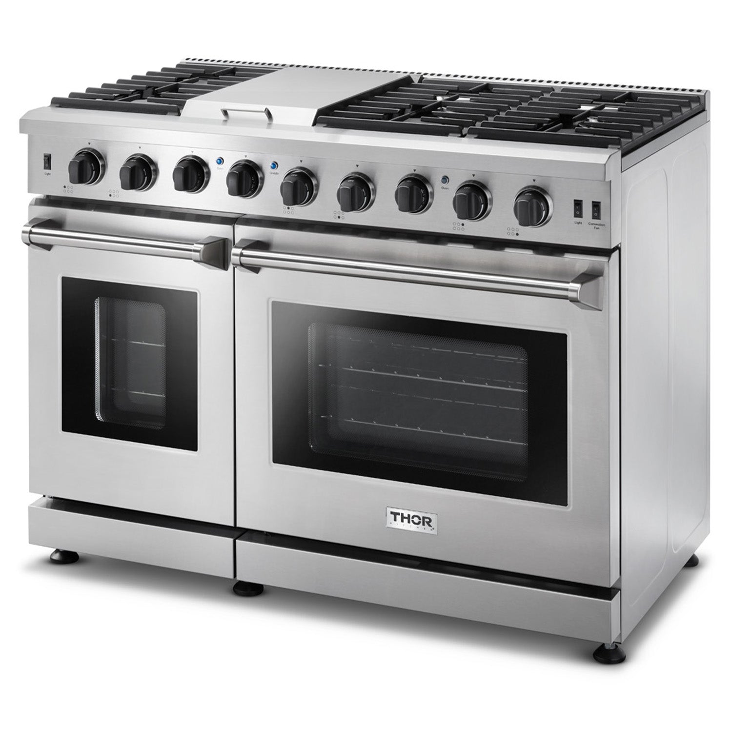 Stainless steel double oven gas range with black grates, control knobs, and two oven doors