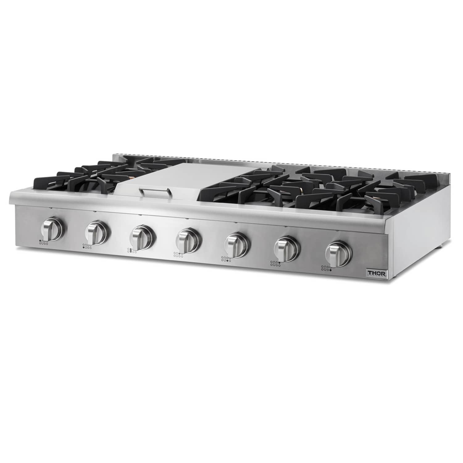 Stainless steel 6-burner gas cooktop top with cast-iron grates and control knobs
