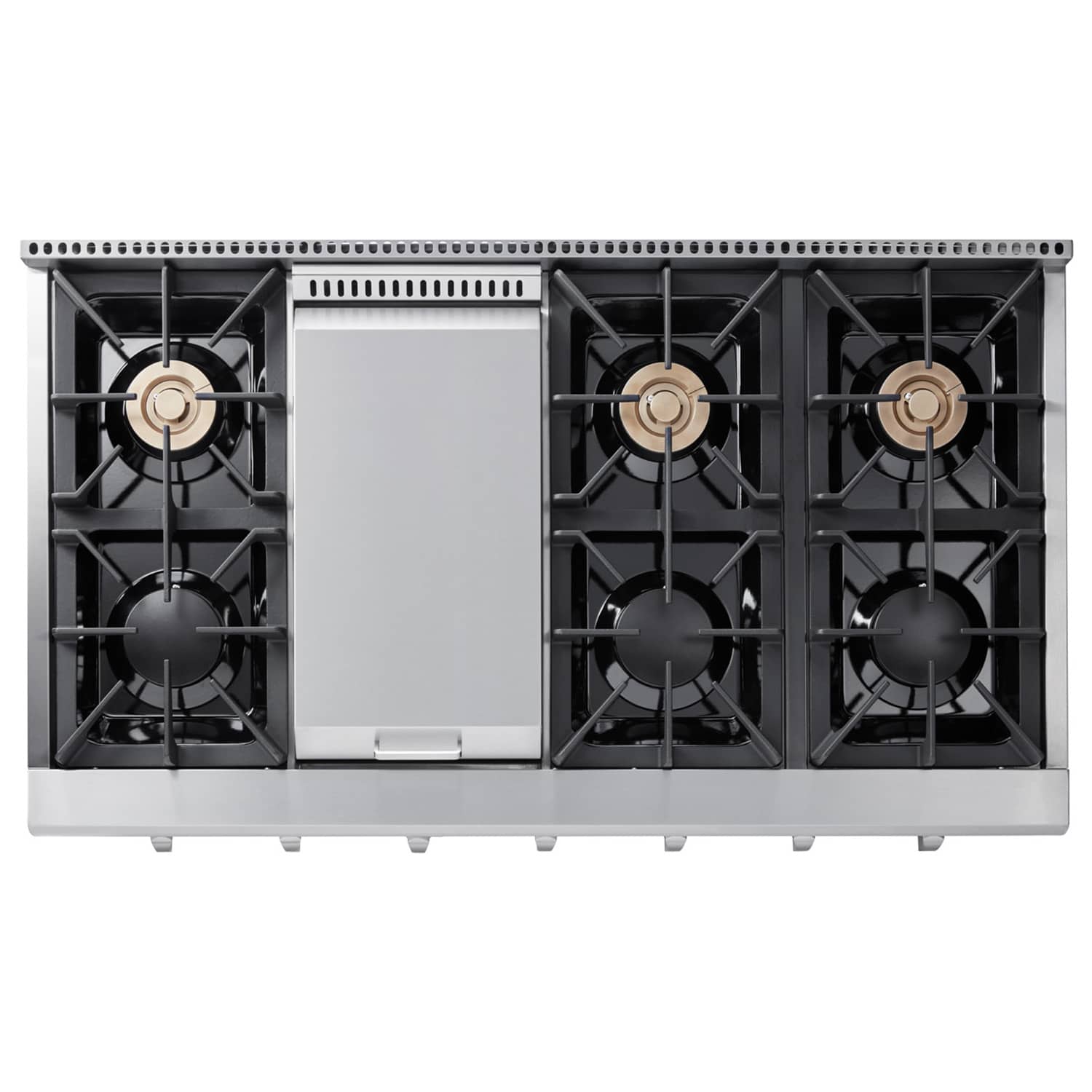 Stainless steel 6-burner gas cooktop with cast-iron grates and center control panel