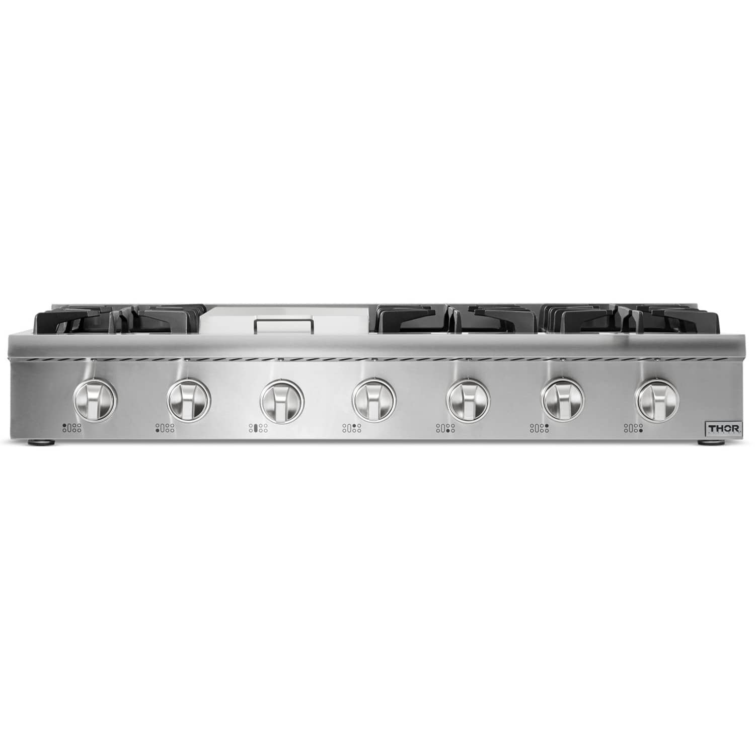 Stainless steel 6-burner gas cooktop front panel with control knobs