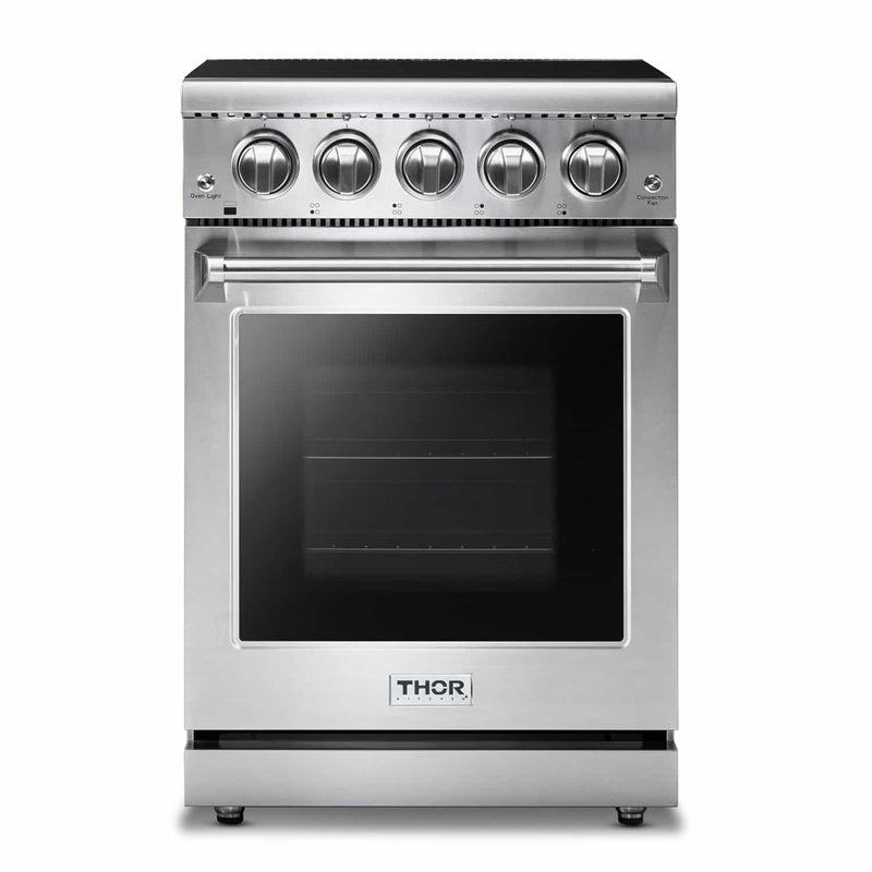 Thor Kitchen 5-Piece Appliance Package - 24-Inch Electric Range, Refrigerator with Water Dispenser, Under Cabinet Hood, Dishwasher, & Microwave Drawer in Stainless Steel Appliance Package Thor Kitchen 