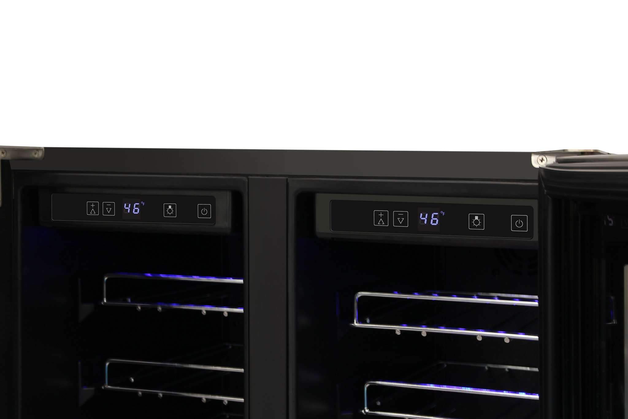 Wine cooler control panel with digital 46 display and blue-lit interior