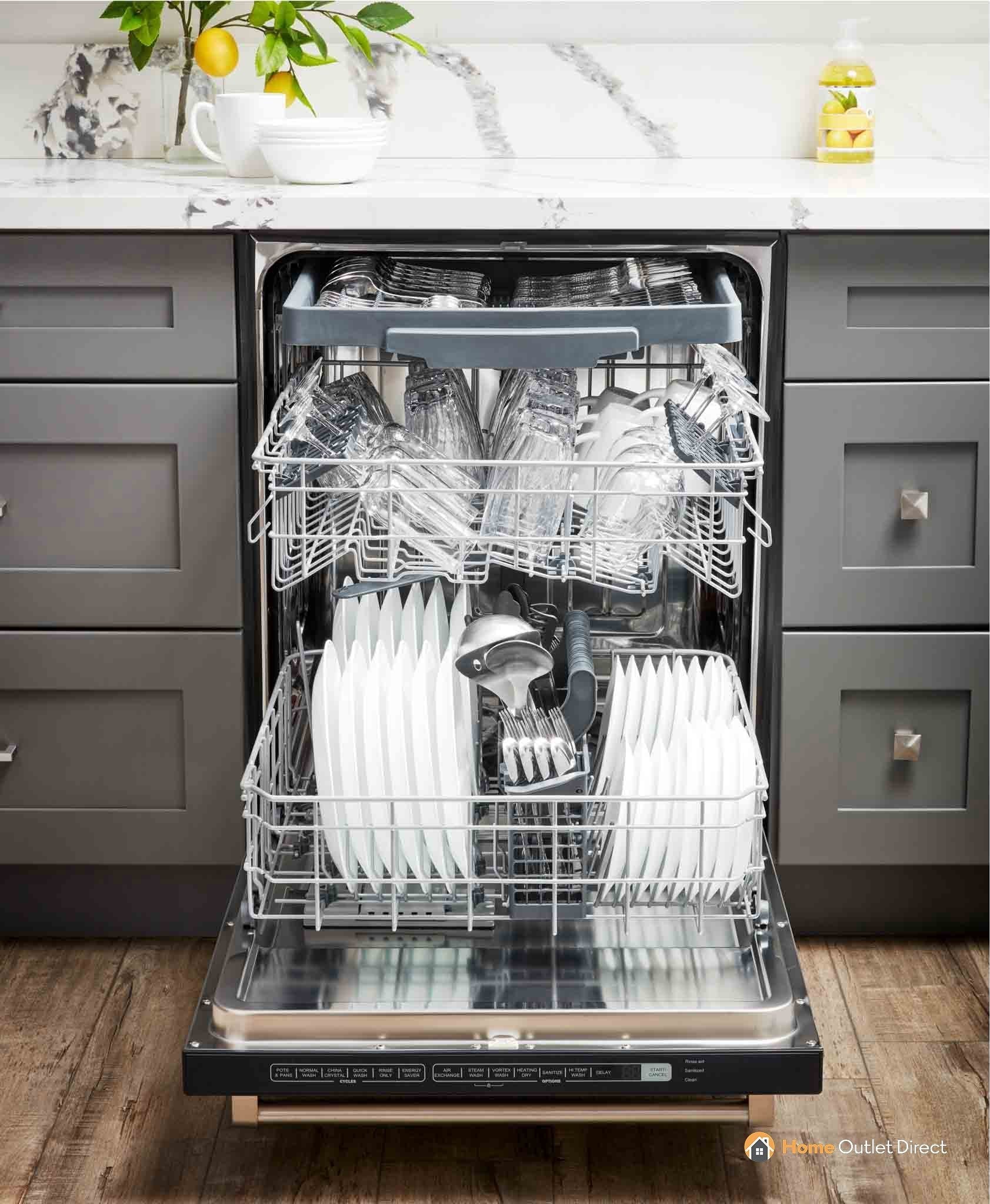 Built-in stainless dishwasher with upper and lower racks fully visible