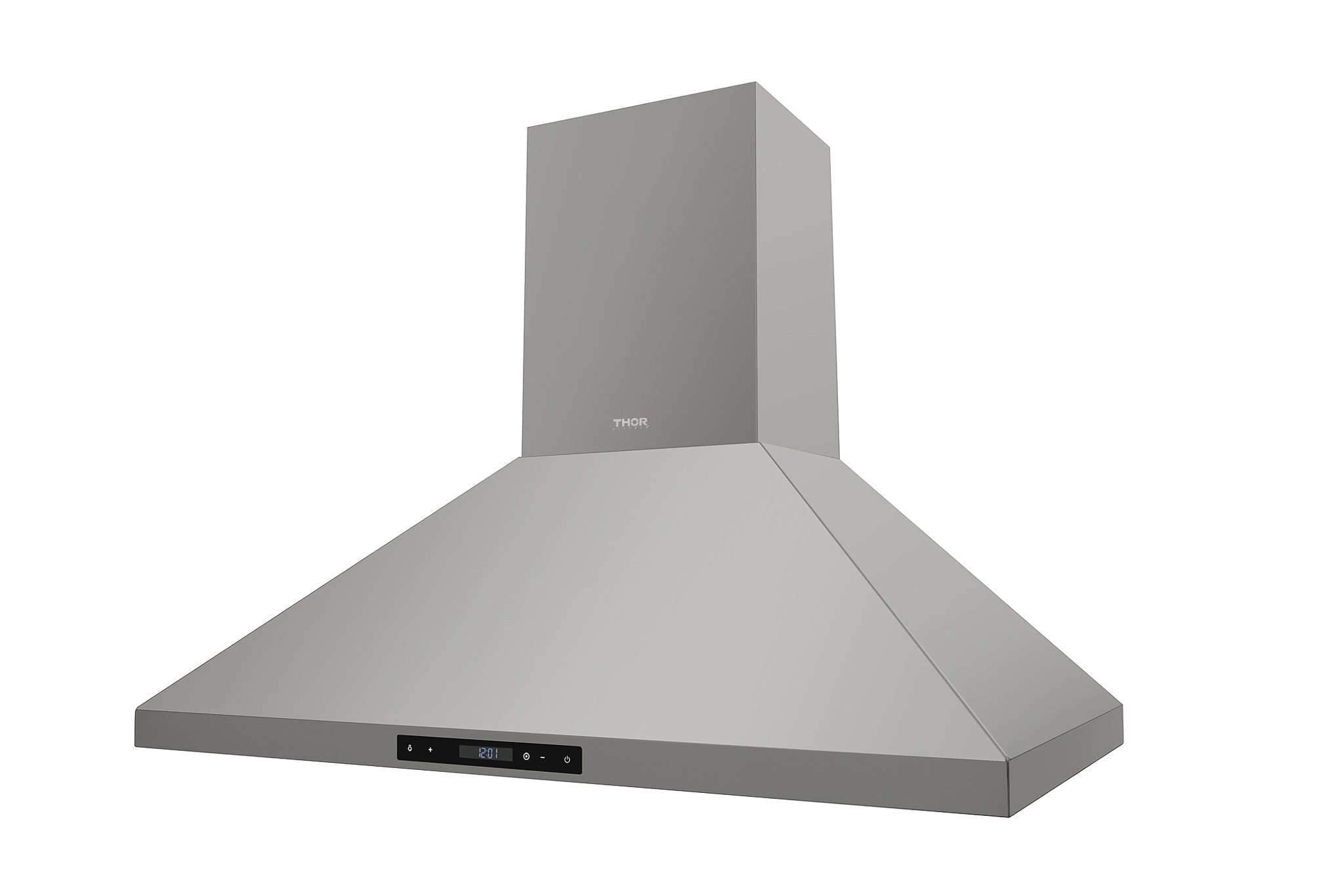 Thor Kitchen stainless range hood chimney with wide canopy and front control panel