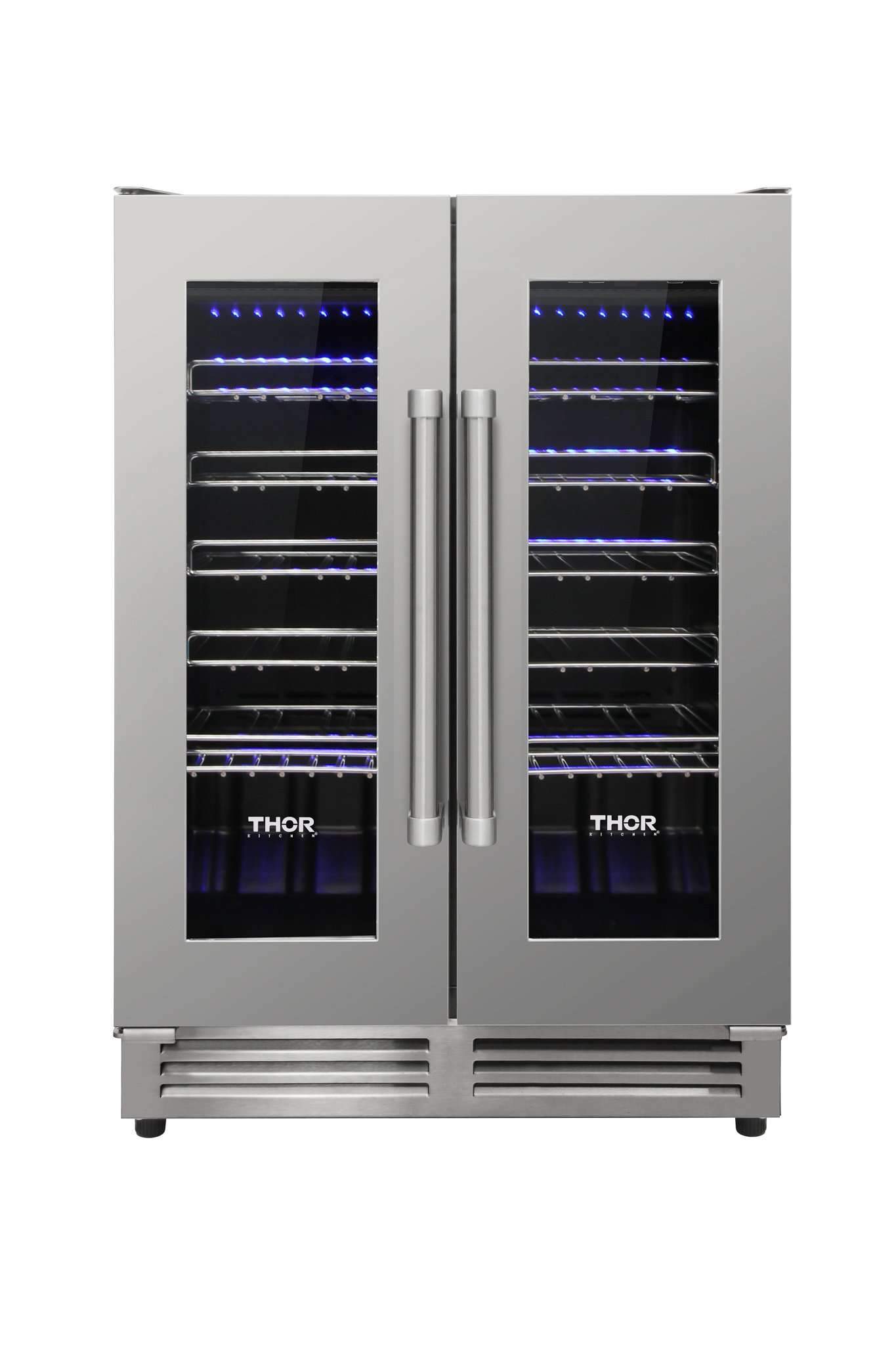 Stainless double-door wine cooler with glass doors and blue-lit racks