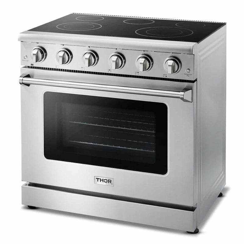 Thor Kitchen 5-Piece Appliance Package - 36" Electric Range, French Door Refrigerator, Dishwasher, Microwave Drawer, & Wine Cooler in Stainless Steel Appliance Package Thor Kitchen 