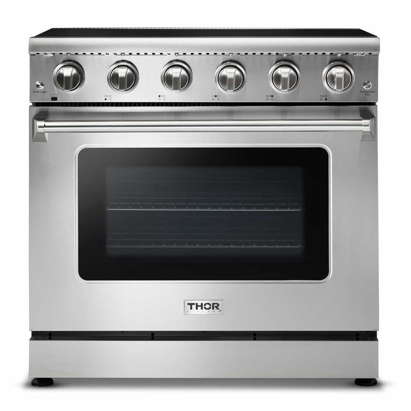 Thor Kitchen 5-Piece Appliance Package - 36" Electric Range, French Door Refrigerator, Under Cabinet Hood, Dishwasher, and Microwave Drawer in Stainless Steel Appliance Package Thor Kitchen 