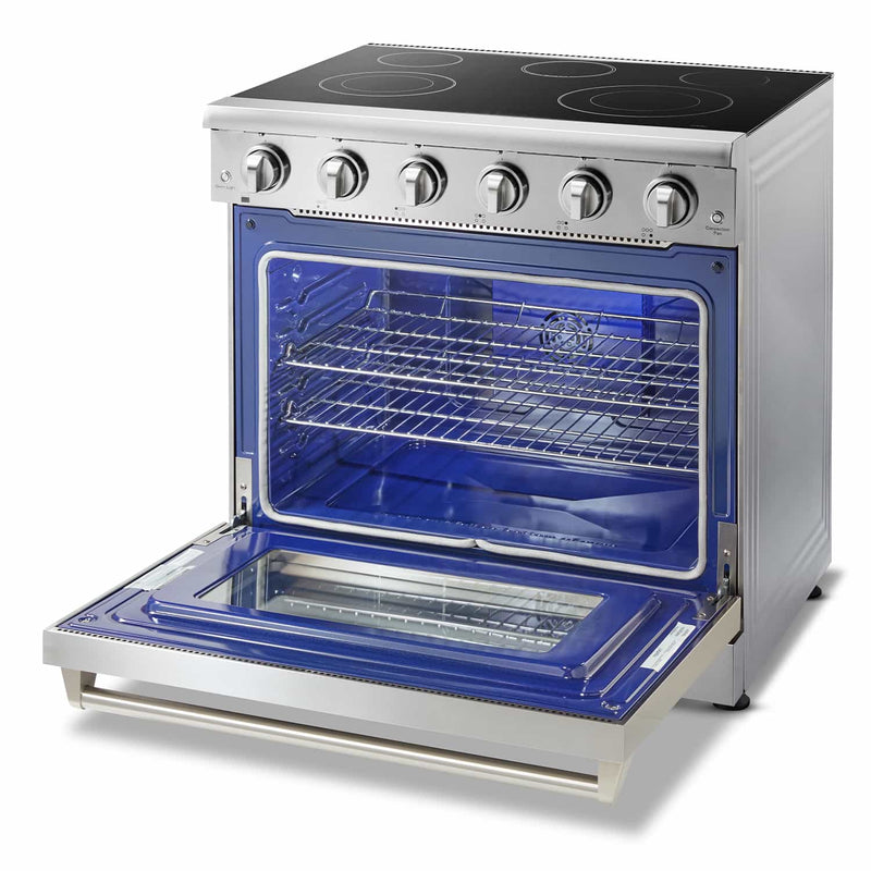 Thor Kitchen 5-Piece Appliance Package - 36" Electric Range, French Door Refrigerator, Wall Mount Hood, Dishwasher, and Microwave Drawer in Stainless Steel Appliance Package Thor Kitchen 