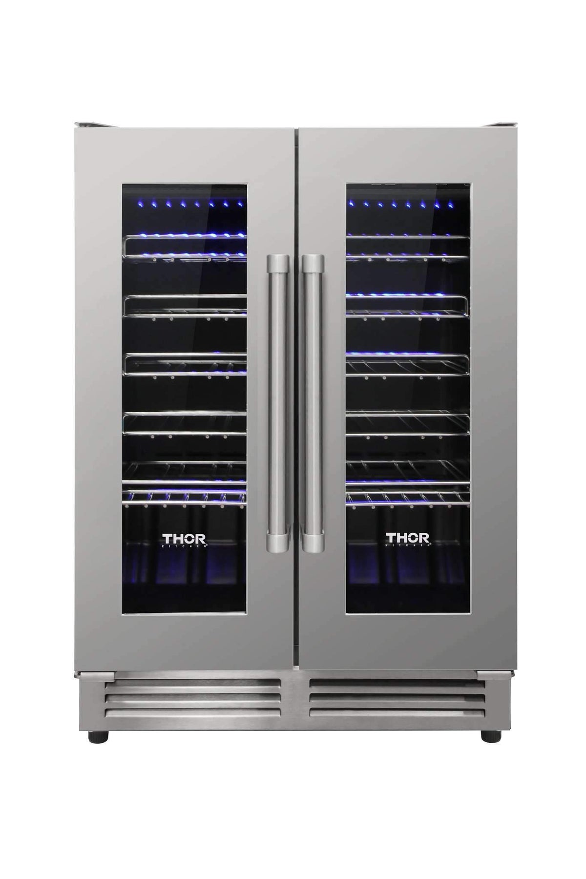 Stainless steel wine cooler with glass doors and blue-lit storage shelves