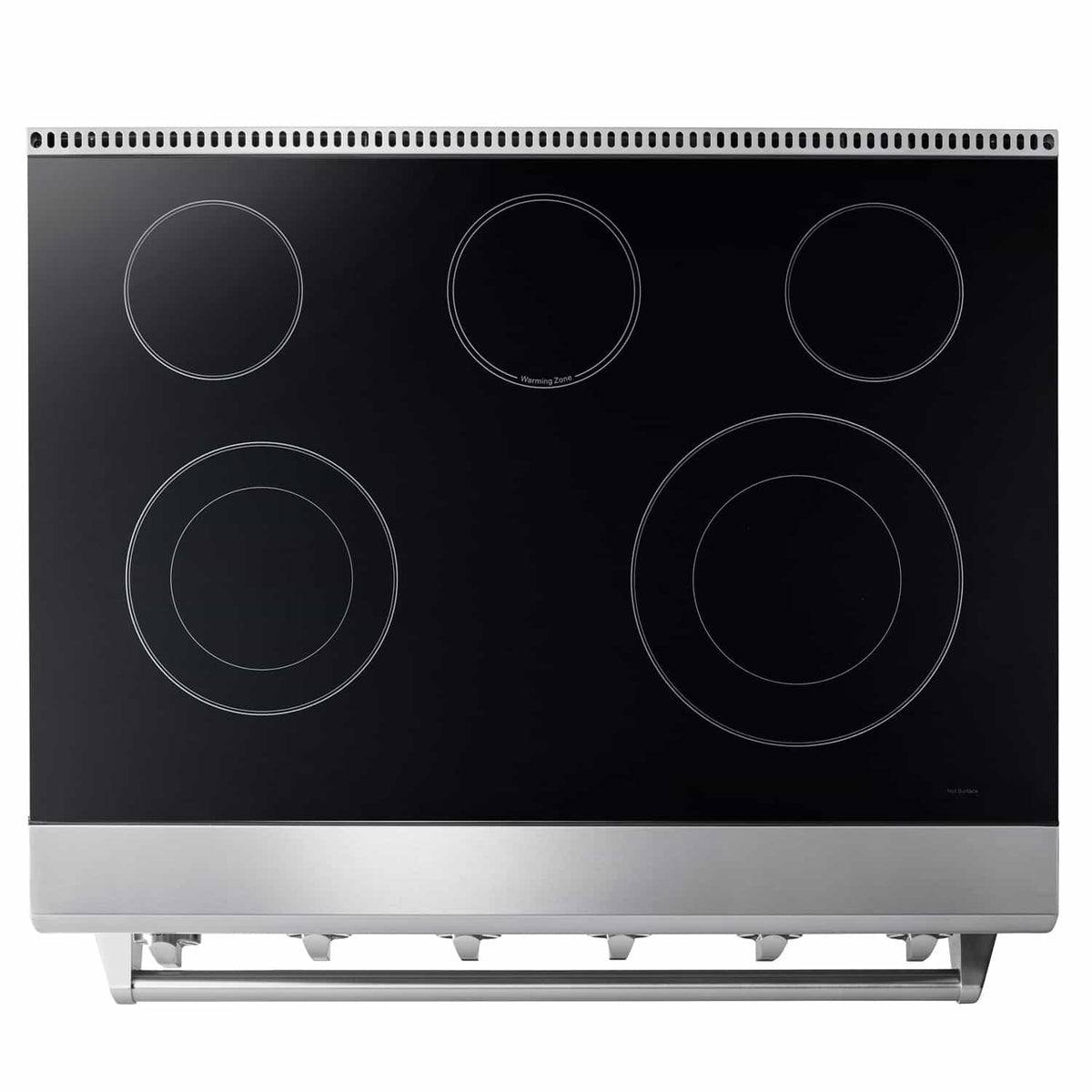 Black glass electric cooktop with circular burner rings and stainless trim