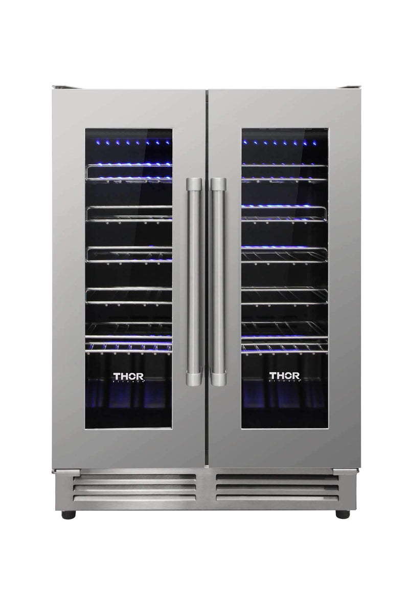 Thor Kitchen 5-Piece Appliance Package - 36" Gas Range, French Door Refrigerator, Under Cabinet Hood, Dishwasher, and Wine Cooler in Stainless Steel Appliance Package Thor Kitchen 