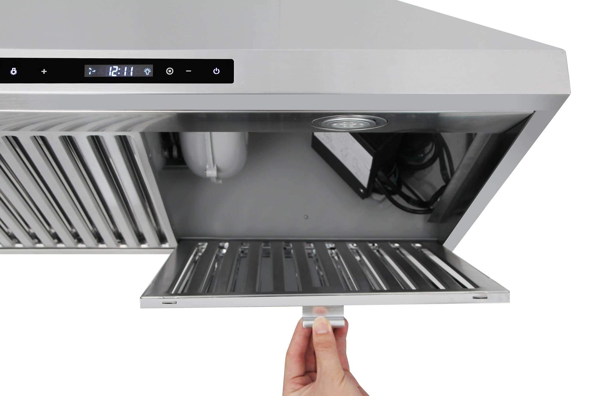 Gas range with open oven door and visible broiler area and burner grates