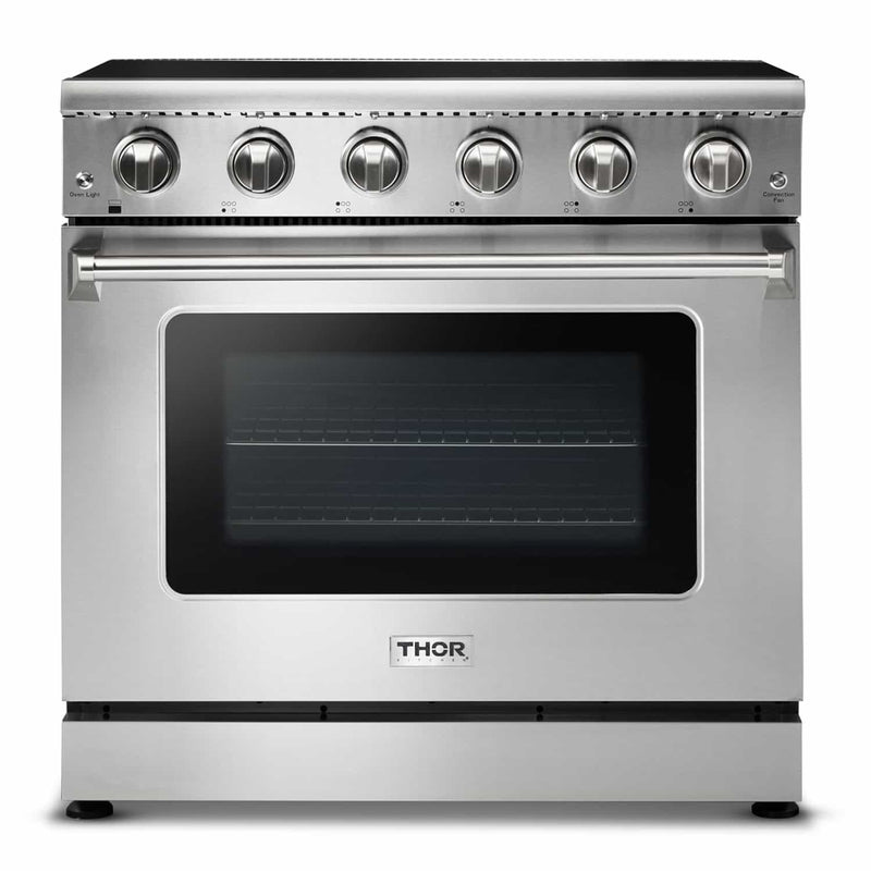 Thor Kitchen 5-Piece Appliance Package - 36-Inch Electric Range, Refrigerator with Water Dispenser, Wall Mount Hood, Dishwasher, & Microwave Drawer in Stainless Steel Appliance Package Thor Kitchen 
