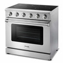 Thor Kitchen 5-Piece Appliance Package - 36-Inch Electric Range, Refrigerator with Water Dispenser, Wall Mount Hood, Dishwasher, & Wine Cooler in Stainless Steel Appliance Package Thor Kitchen 