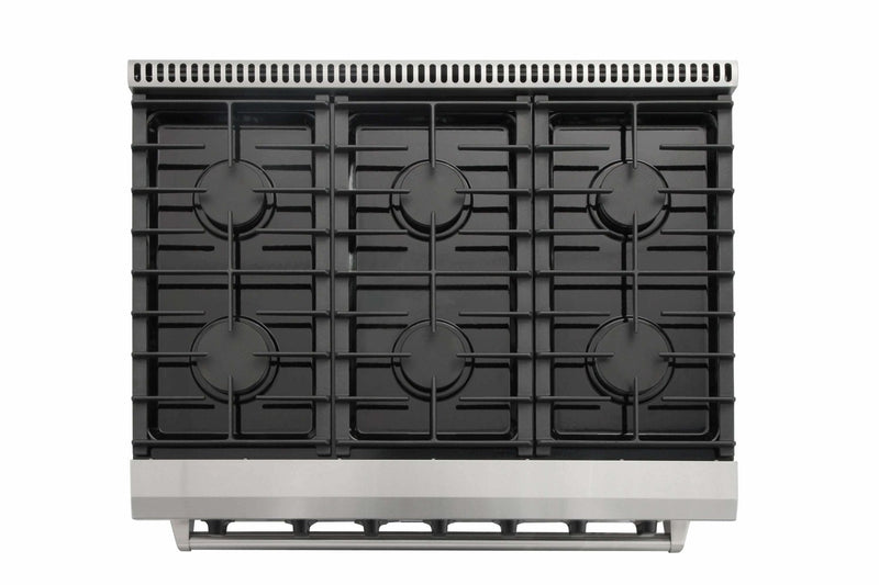 Thor Kitchen 5-Piece Appliance Package - 36-Inch Gas Range, Refrigerator with Water Dispenser, Under Cabinet Hood, Dishwasher, & Microwave Drawer in Stainless Steel Appliance Package Thor Kitchen 